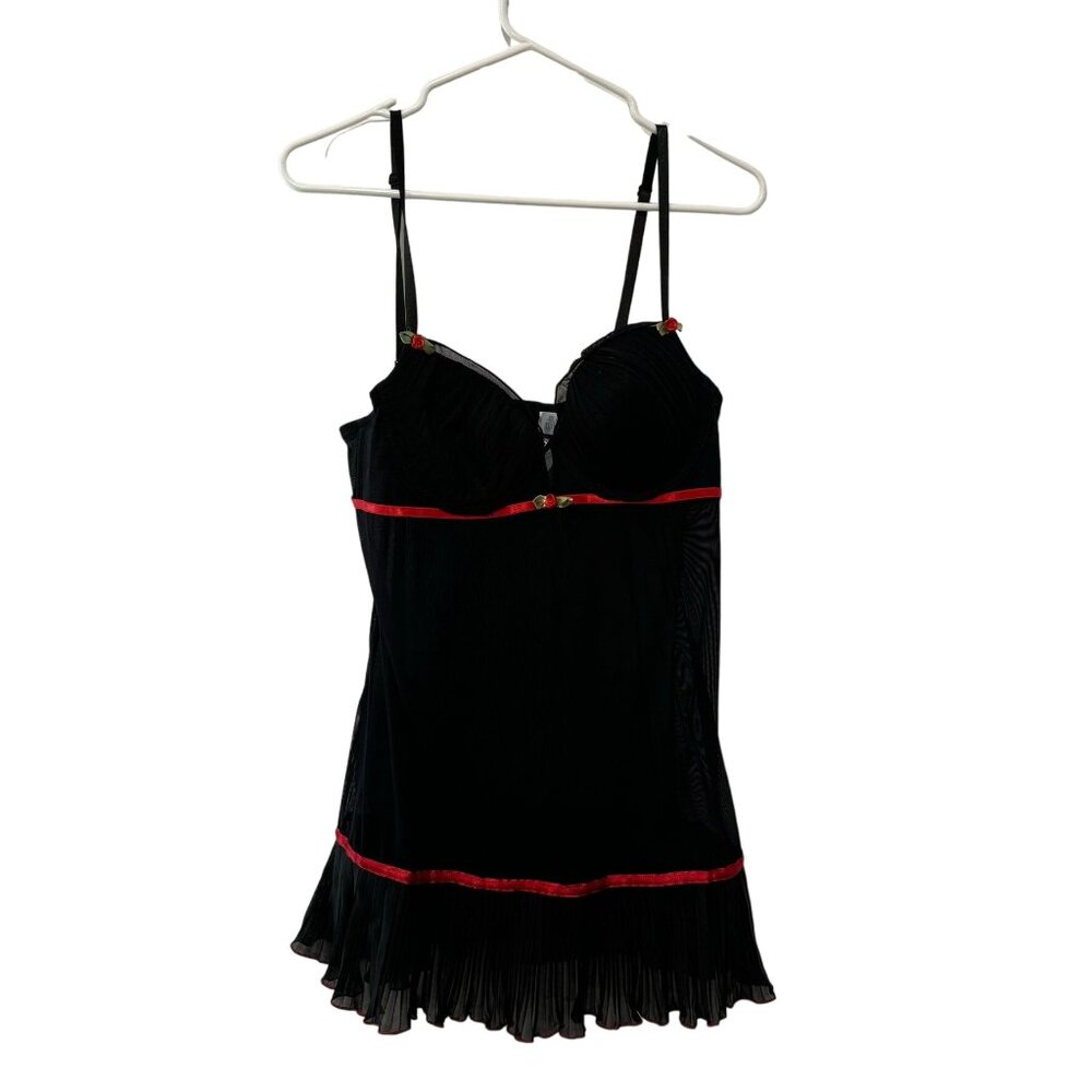 Womens L Black Red Sheer Babydoll Mesh Slip Dress Goth Rave Skirt